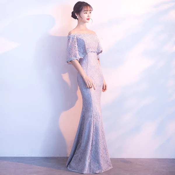 Chic / Belle Gris Robe De Soirée 2018 Trompette / Sirène En Dentelle Fleur De l'épaule Dos Nu 1/2 Manches Longue Robe De Ceremonie