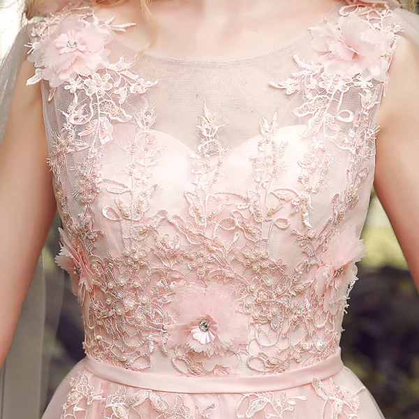 Elegant Evening Dresses 2018 A-Line / Princess Lace Flower Appliques Pearl Scoop Neck Backless Sleeveless Floor-Length / Long Formal Dresses