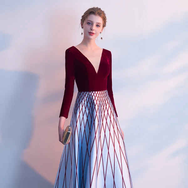 Chic / Belle Bordeaux Robe De Soirée 2018 Princesse Rayé V-Cou Manches Longues Longueur Cheville Robe De Ceremonie