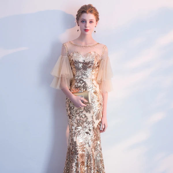 Sparkly Evening Dresses 2018 Trumpet / Mermaid Sequins Scoop Neck Backless 1/2 Sleeves Ankle Length Formal Dresses