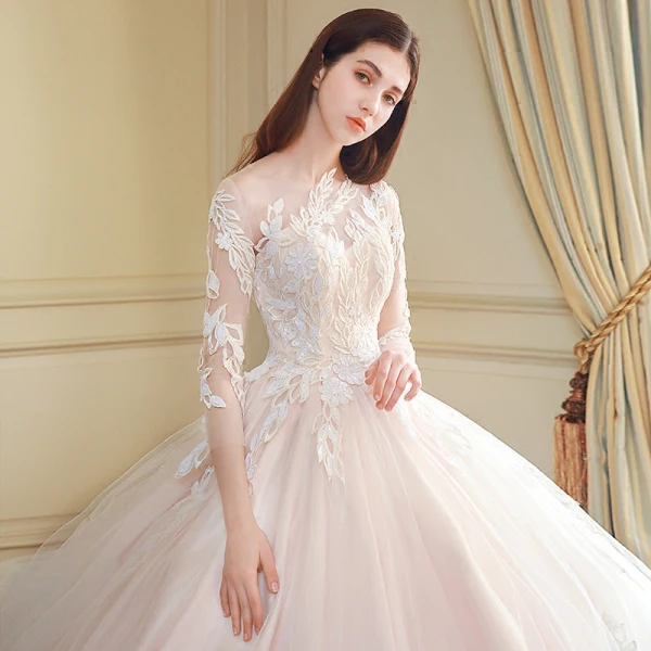 Moderne / Mode Robe De Mariée 2018 Robe Boule En Dentelle Appliques Brodé Paillettes Encolure Dégagée 3/4 Manches Royal Train Mariage