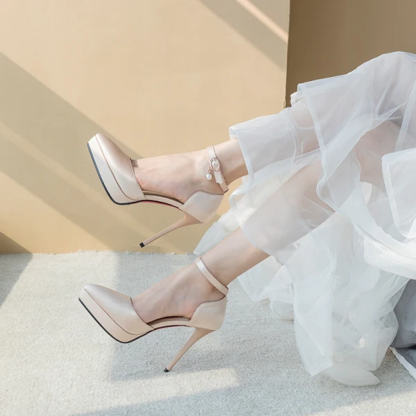 Modern / Fashion Champagne Wedding Shoes 2020 Ankle Strap 11 cm Stiletto Heels Pointed Toe Wedding Heels