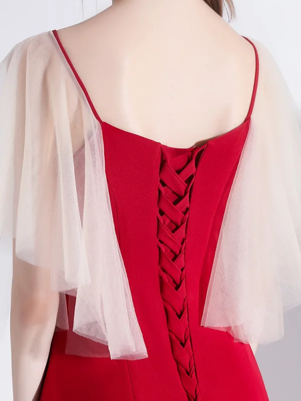 Elegant Burgundy Evening Dresses  2020 A-Line / Princess Satin V-Neck Short Sleeve Backless Floor-Length / Long Formal Dresses