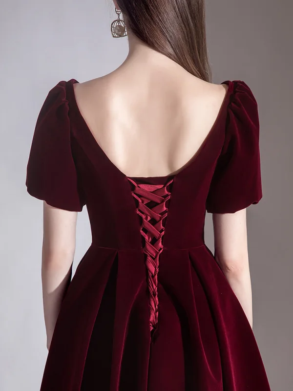 Elegant Burgundy Evening Dresses  2020 A-Line / Princess Suede Square Neckline Short Sleeve Backless Tea-length Formal Dresses