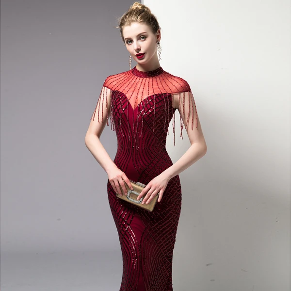 Chic Bordeaux Robe De Soirée 2020 Trompette / Sirène Perlage Gland Paillettes Col Haut Manches Courtes Longue Robe De Ceremonie