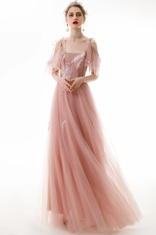 Chic / Belle Perle Rose Robe De Soirée 2020 Princesse Bretelles Spaghetti Appliques Paillettes En Dentelle Manches Courtes Dos Nu Longue Robe De Ceremonie