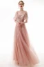 Chic / Belle Perle Rose Robe De Soirée 2020 Princesse Bretelles Spaghetti Appliques Paillettes En Dentelle Manches Courtes Dos Nu Longue Robe De Ceremonie