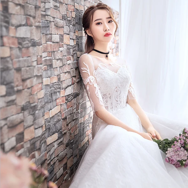 Chic / Beautiful White Wedding Dresses 2018 A-Line / Princess Appliques Lace Scoop Neck Backless 1/2 Sleeves Court Train Wedding