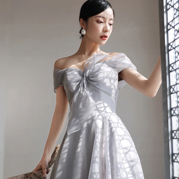 Modest / Simple Grey Evening Dresses  2021 A-Line / Princess Off-The-Shoulder Short Sleeve Backless Evening Party Floor-Length / Long Formal Dresses