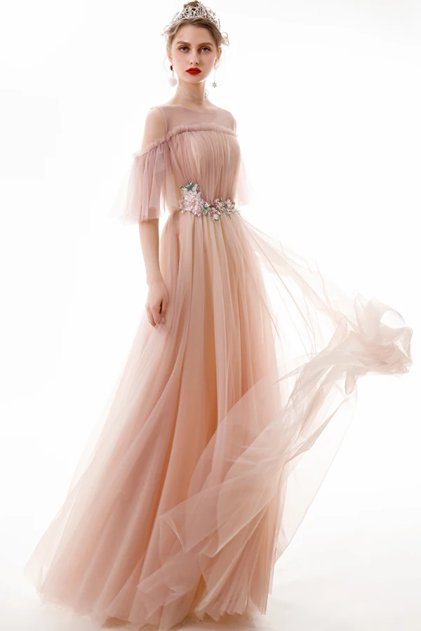 Classy Pearl Pink Evening Dresses  2020 A-Line / Princess Scoop Neck Lace Flower Appliques Crystal Short Sleeve Backless Floor-Length / Long Formal Dresses
