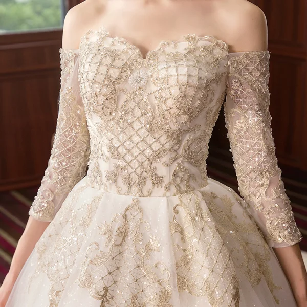 Charming Champagne Wedding Dresses 2020 A-Line / Princess Off-The-Shoulder Beading Sequins Lace Pearl 3/4 Sleeve Backless Cathedral Train