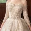 Charming Champagne Wedding Dresses 2020 A-Line / Princess Off-The-Shoulder Beading Sequins Lace Pearl 3/4 Sleeve Backless Cathedral Train