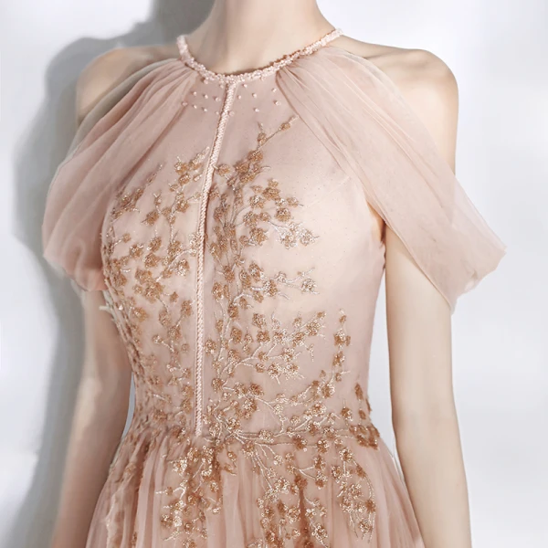 Chic / Beautiful Pearl Pink Evening Dresses 2020 A-Line / Princess Scoop Neck Beading Pearl Lace Flower Sequins Sleeveless Backless Floor-Length / Long Formal Dresses