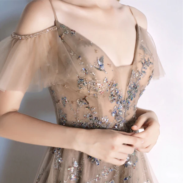 Fashion Khaki Evening Dresses  2020 A-Line / Princess Spaghetti Straps Beading Crystal Lace Sequins Short Sleeve Backless Floor-Length / Long Formal Dresses