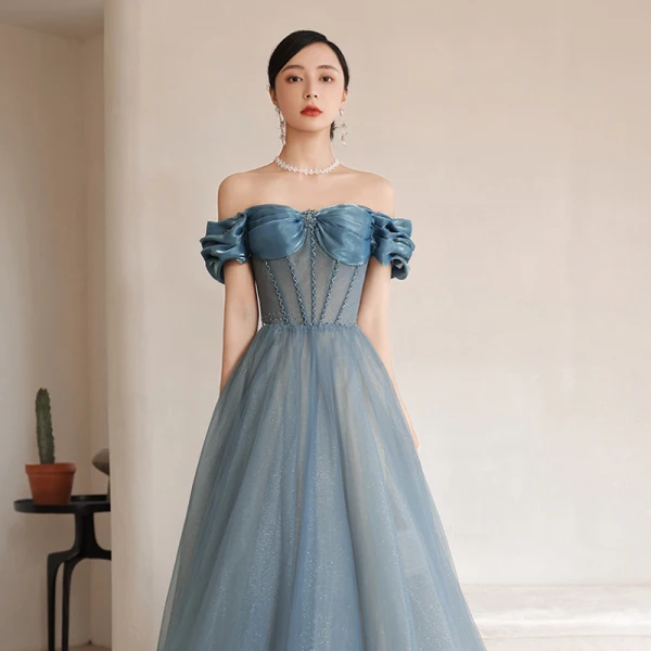 Sexy Pool Blue Prom Dresses 2021 A-Line / Princess Ruffle Off-The-Shoulder Rhinestone Short Sleeve Backless Floor-Length / Long Formal Dresses