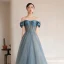 Sexy Pool Blue Prom Dresses 2021 A-Line / Princess Ruffle Off-The-Shoulder Rhinestone Short Sleeve Backless Floor-Length / Long Formal Dresses