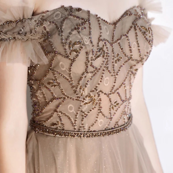 Classy Champagne Evening Dresses 2020 A-Line / Princess Off-The-Shoulder Beading Crystal Sleeveless Backless Floor-Length / Long Formal Dresses