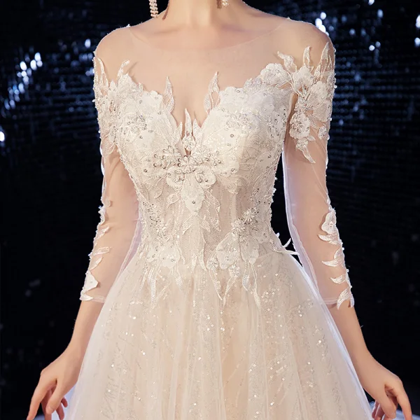 Charming Champagne Wedding Dresses 2020 A-Line / Princess Scoop Neck Beading Sequins Lace Flower 3/4 Sleeve Backless Court Train