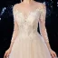 Charming Champagne Wedding Dresses 2020 A-Line / Princess Scoop Neck Beading Sequins Lace Flower 3/4 Sleeve Backless Court Train