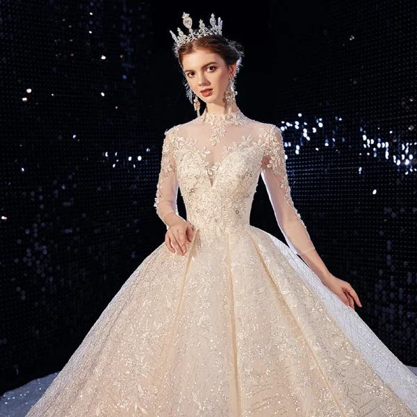 Luxury / Gorgeous Champagne Wedding Dresses 2020 Ball Gown High Neck Sequins Lace Flower Appliques 3/4 Sleeve Backless Royal Train