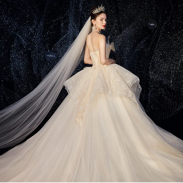 Luxury / Gorgeous Champagne Wedding Dresses 2020 Ball Gown Strapless Beading Lace Flower Sequins Sleeveless Backless Cascading Ruffles Royal Train