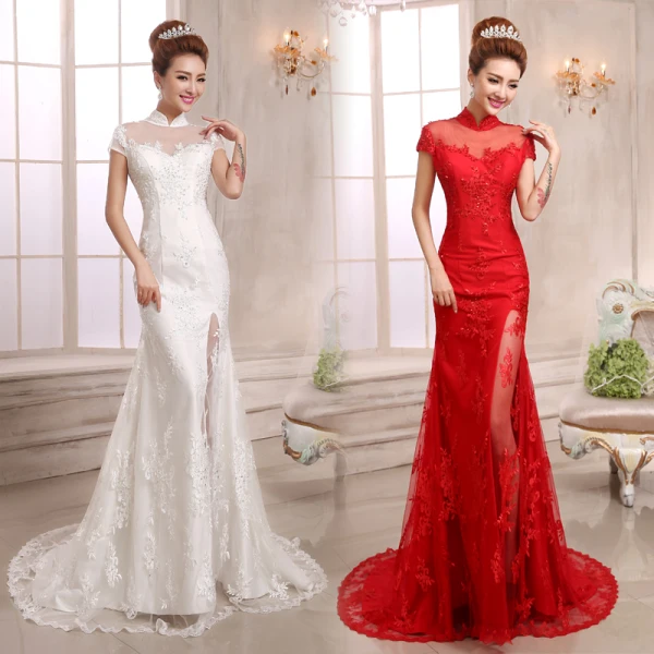 Style Chinois Rouge Robe De Soirée 2018 Trompette / Sirène Appliques En Dentelle Paillettes Col Haut Manches Courtes Train De Balayage Robe De Ceremonie