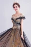 Haut de Gamme Noire Doré Robe De Soirée 2020 Princesse Encolure Dégagée Perlage Cristal Paillettes En Dentelle Fleur Manches Courtes Dos Nu Longue