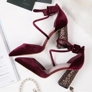 Charming Burgundy Evening Party Womens Sandals 2019 Sequins Suede Ankle Strap 8 Cm Thick Heels Pointed Toe Sandals