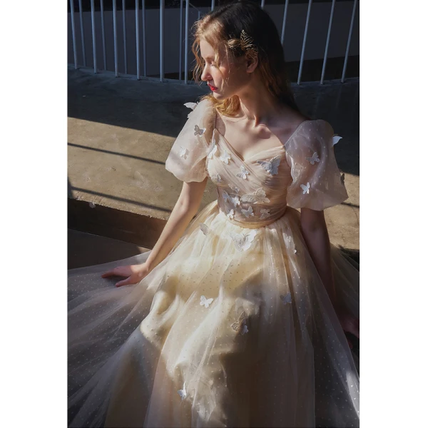 Charming Champagne Butterfly Prom Dresses 2021 A-Line / Princess Square Neckline Short Sleeve Backless Floor-Length / Long Formal Dresses