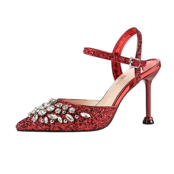 Glittrande Silver Afton Damskor 2019 Ankelband Rhinestone Paljetter 9 cm Stilettklackar Spetsiga Högklackade