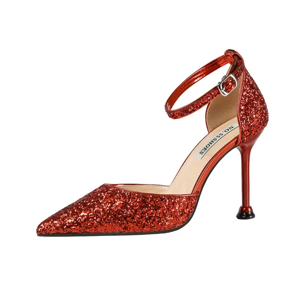 Charming Rose Gold Evening Party Womens Shoes 2020 Ankle Strap Sequins 9 cm Stiletto Heels Pointed Toe High Heels