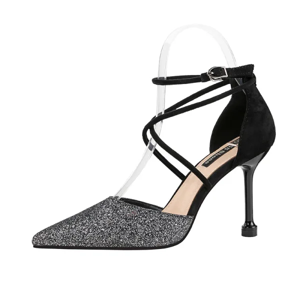 Chic / Beautiful Silver Prom Womens Shoes 2020 Sequins X-Strap 9 cm Stiletto Heels Pointed Toe High Heels