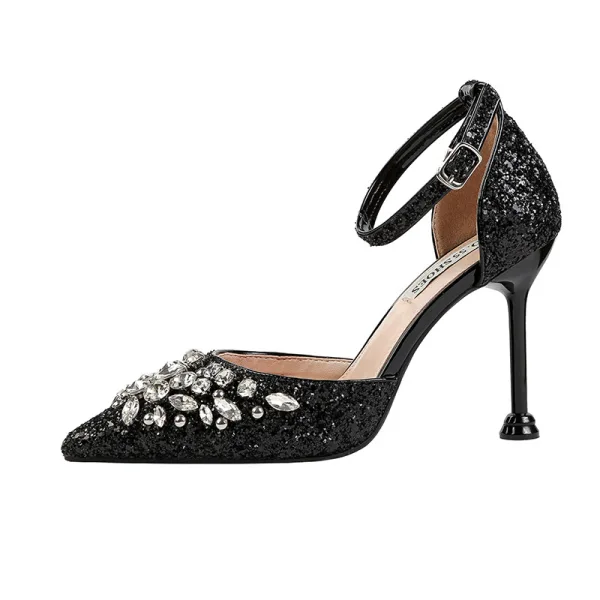 Sparkly Rose Gold Evening Party Womens Shoes 2019 Sequins Ankle Strap Rhinestone 9 cm Stiletto Heels Pointed Toe High Heels