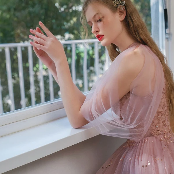 Chic / Beautiful Blushing Pink Homecoming Graduation Dresses 2021 A-Line / Princess Scoop Neck Beading Sequins Short Sleeve Tea-length Formal Dresses