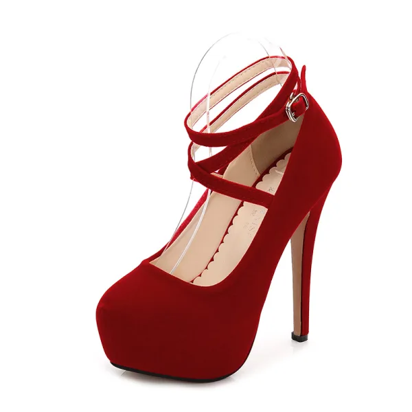 Chic Noire Soirée Escarpins 2020 Daim Bride Cheville 14 cm Talons Aiguilles À Bout Rond Escarpins