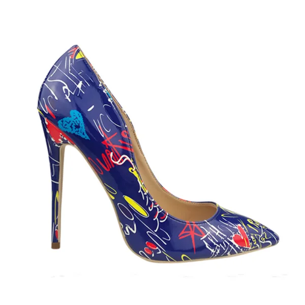 Unique Freizeit Königliches Blau Gekritzel Pumps 2020 11 cm Stilettos Spitzschuh Pumps