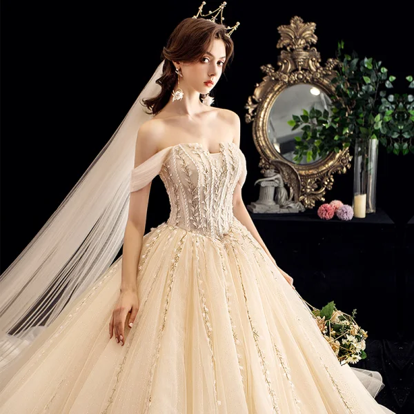 Charming Champagne Wedding Dresses 2020 Ball Gown Off-The-Shoulder Sequins Lace Flower Sleeveless Backless Chapel Train