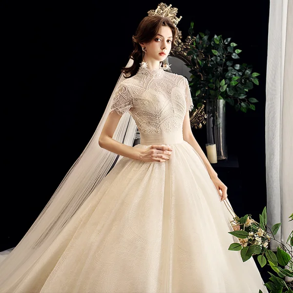 Vintage / Retro Champagne Wedding Dresses 2020 A-Line / Princess High Neck Beading Pearl Lace Short Sleeve Backless Chapel Train