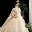 Vintage / Retro Champagne Wedding Dresses 2020 A-Line / Princess High Neck Beading Pearl Lace Short Sleeve Backless Chapel Train