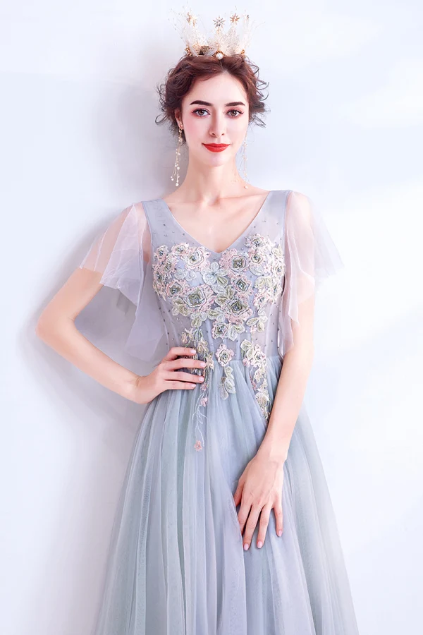 Elegant Grey Evening Dresses  2020 A-Line / Princess V-Neck Pearl Rhinestone Lace Flower Short Sleeve Backless Floor-Length / Long Formal Dresses