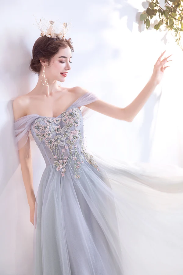Classy Grey Prom Dresses 2020 A-Line / Princess Off-The-Shoulder Beading Crystal Lace Flower Sleeveless Backless Floor-Length / Long Formal Dresses