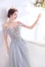 Classy Grey Prom Dresses 2020 A-Line / Princess Off-The-Shoulder Beading Crystal Lace Flower Sleeveless Backless Floor-Length / Long Formal Dresses
