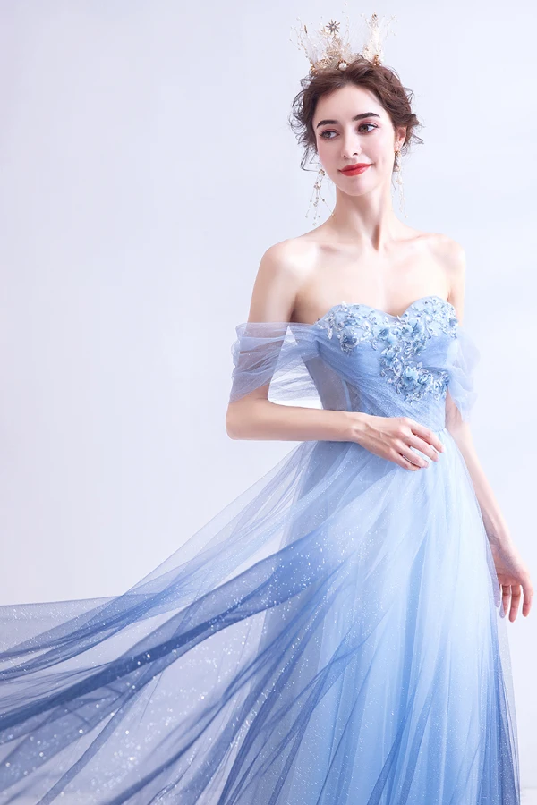 Charming Gradient-Color Sky Blue Evening Dresses 2020 A-Line / Princess Off-The-Shoulder Appliques Beading Crystal Rhinestone Sequins Short Sleeve Backless Floor-Length / Long Formal Dresses