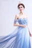 Charming Gradient-Color Sky Blue Evening Dresses  2020 A-Line / Princess Off-The-Shoulder Appliques Beading Crystal Rhinestone Sequins Short Sleeve Backless Floor-Length / Long Formal Dresses