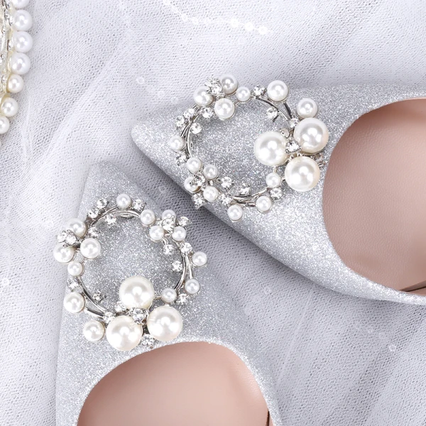 Fashion Glitter Silver Wedding Shoes 2020 Sequins Pearl Rhinestone 8 cm Stiletto Heels Pointed Toe Wedding Pumps