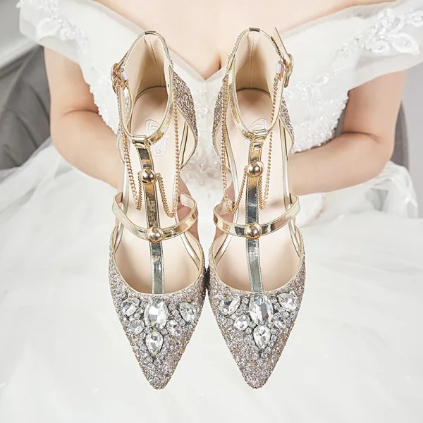Sparkly Sølv Brudesko Polyester 2020 T-Stropp Rhinestone Paljetter 8 cm Stiletthæler Spisse Bryllup Høyhælte