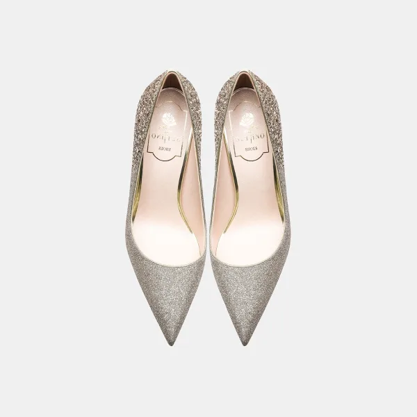 Charmig Glittrande Champagne Paljetter Brudskor 2021 Läder 10 cm Stilettklackar Spetsiga Bröllop Pumps Högklackade