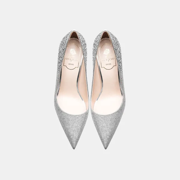 Sparkly Silver Wedding Shoes 2021 Leather Sequins 10 cm Stiletto Heels Pointed Toe Wedding Pumps High Heels