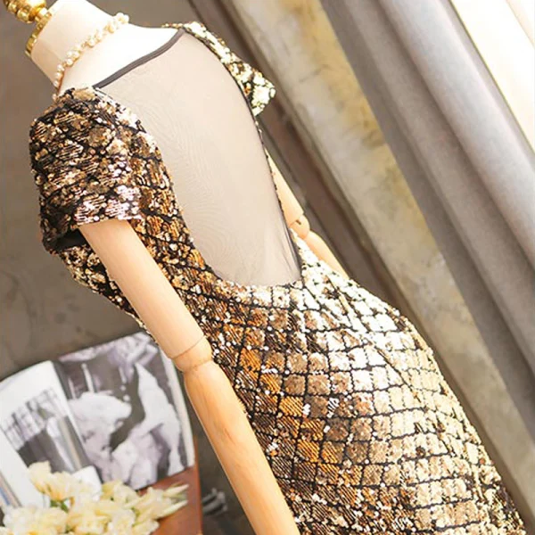 Sparkly Gold Evening Dresses  2018 Trumpet / Mermaid Sequins V-Neck Short Sleeve Floor-Length / Long Formal Dresses