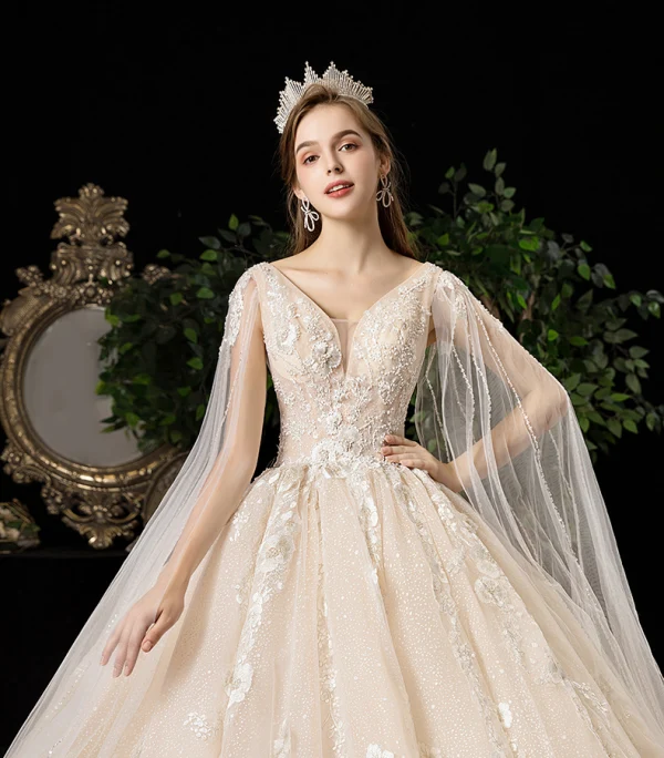 Luxury / Gorgeous Champagne Wedding Dresses 2020 A-Line / Princess V-Neck Beading Sequins Pearl Crystal Lace Flower Short Sleeve Backless Cathedral Train